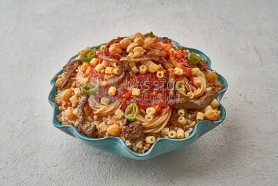Egyptian koshary dish with liver and sliced hot pepper