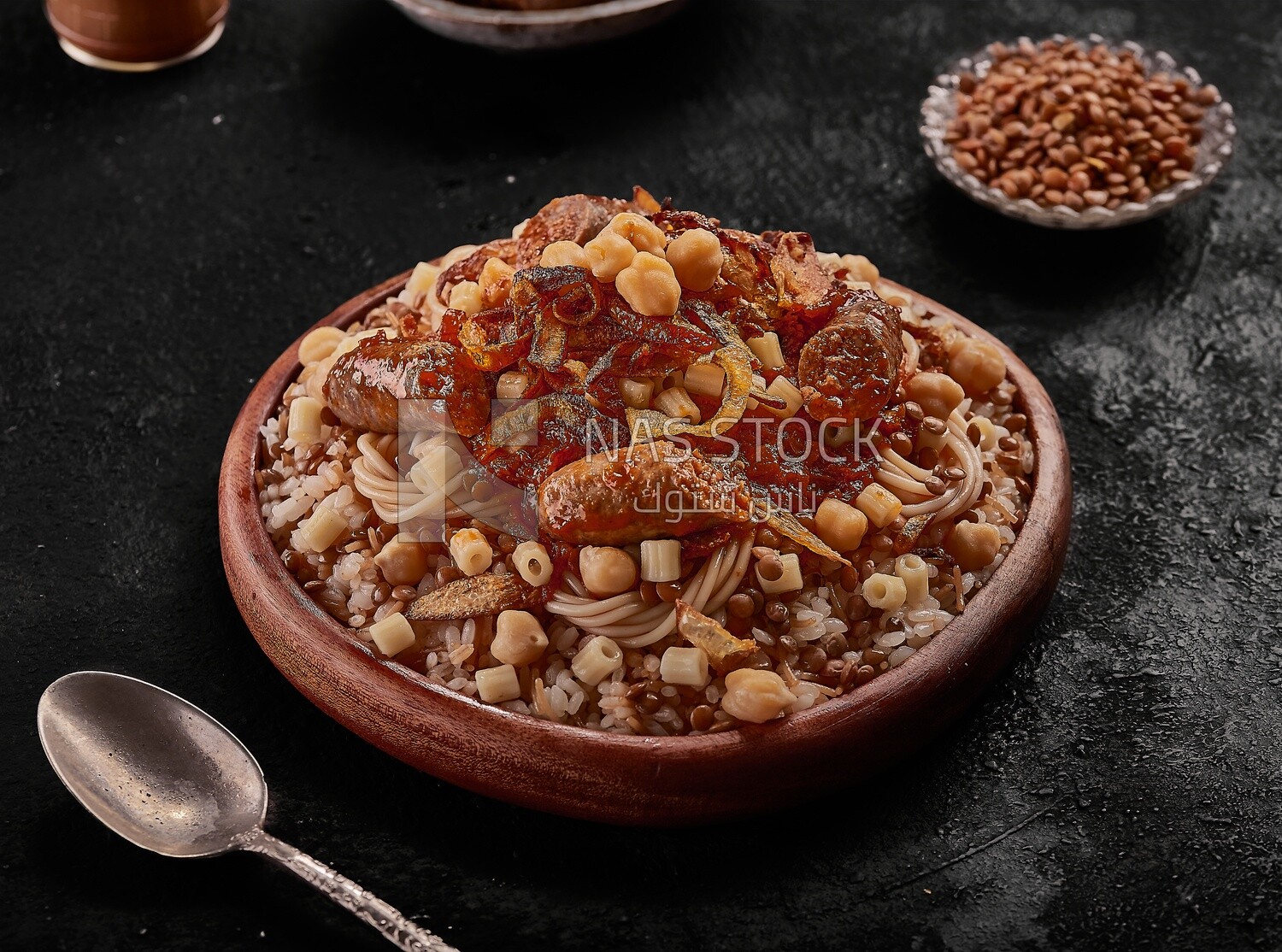Egyptian dish of Koshary with sausage
