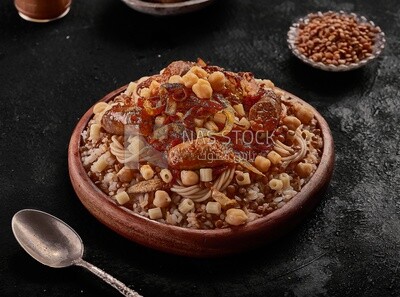 Egyptian dish of Koshary with sausage