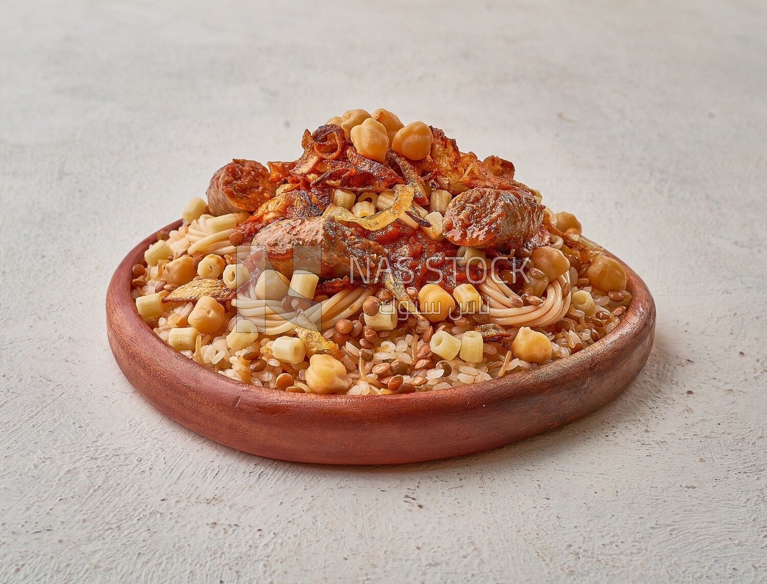 Egyptian Koshary dish with sausage