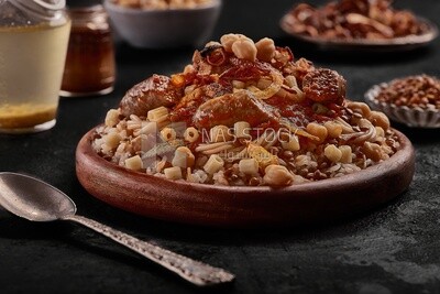 Egyptian Koshary dish with sausage