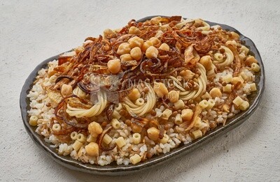 Side view of an Egyptian Koshary dish on a solid  background