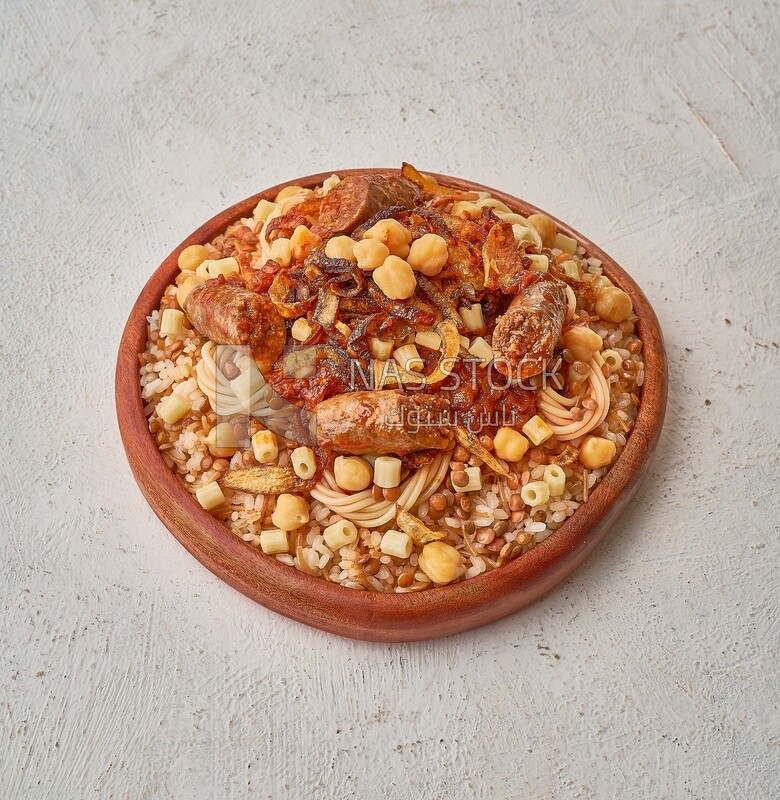 Egyptian Koshary with sausage on a solid  background