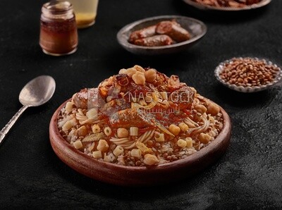 Egyptian dish of Koshary with sausage