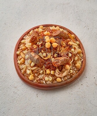 Egyptian Koshary dish with sausage