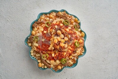 Top view of an Egyptian koshary  with liver
