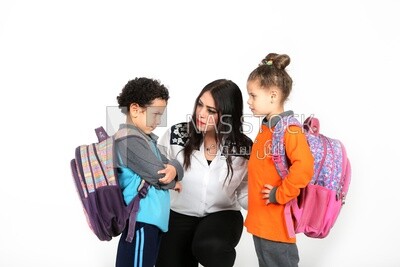 A mother sitting with her kids on a white background