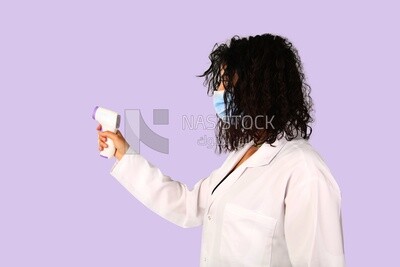 A woman wearing a mask