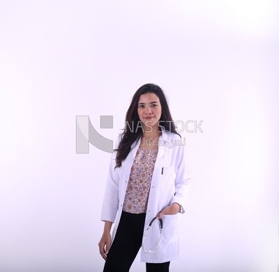 A woman doctor wearing a white coat