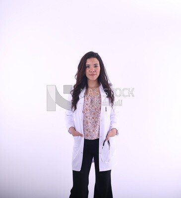 A woman doctor wearing a white coat