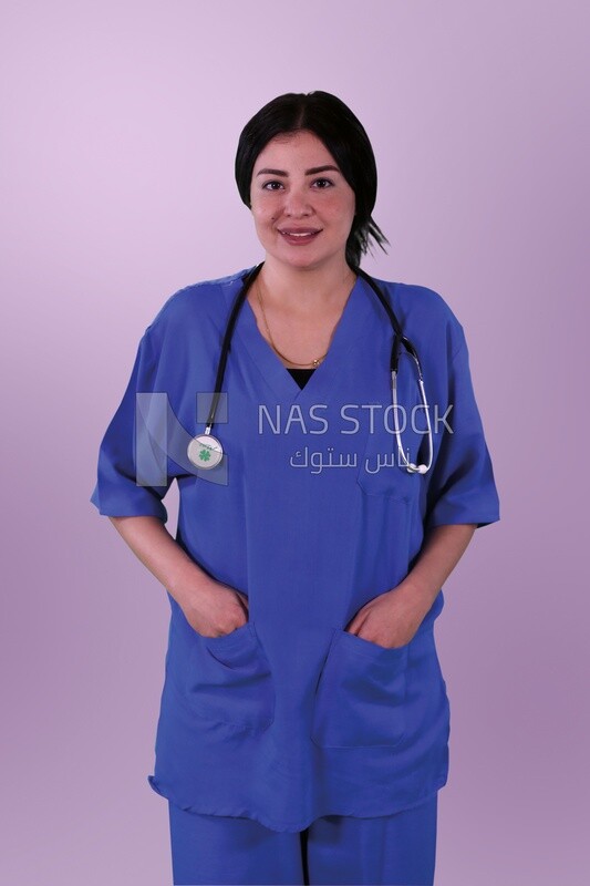 Nurse standing on a purple background