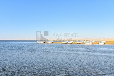 Group of wooden fishing boats on the bank of a lake
