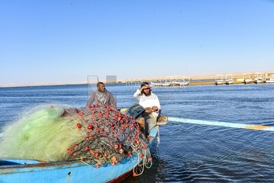 Egyptian fisherman sailing his wooden boat in a lake to fish