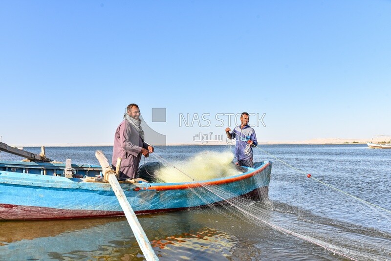Fishermen collecting nets and harvesting fish