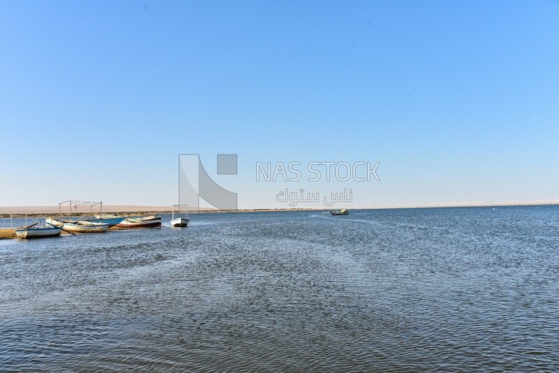 Freshwater lake with wooden boats