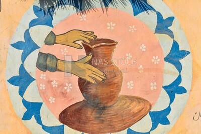 صورة رسمة على الجدار تعبر عن حرفة صناعة وتشكيل الفخار