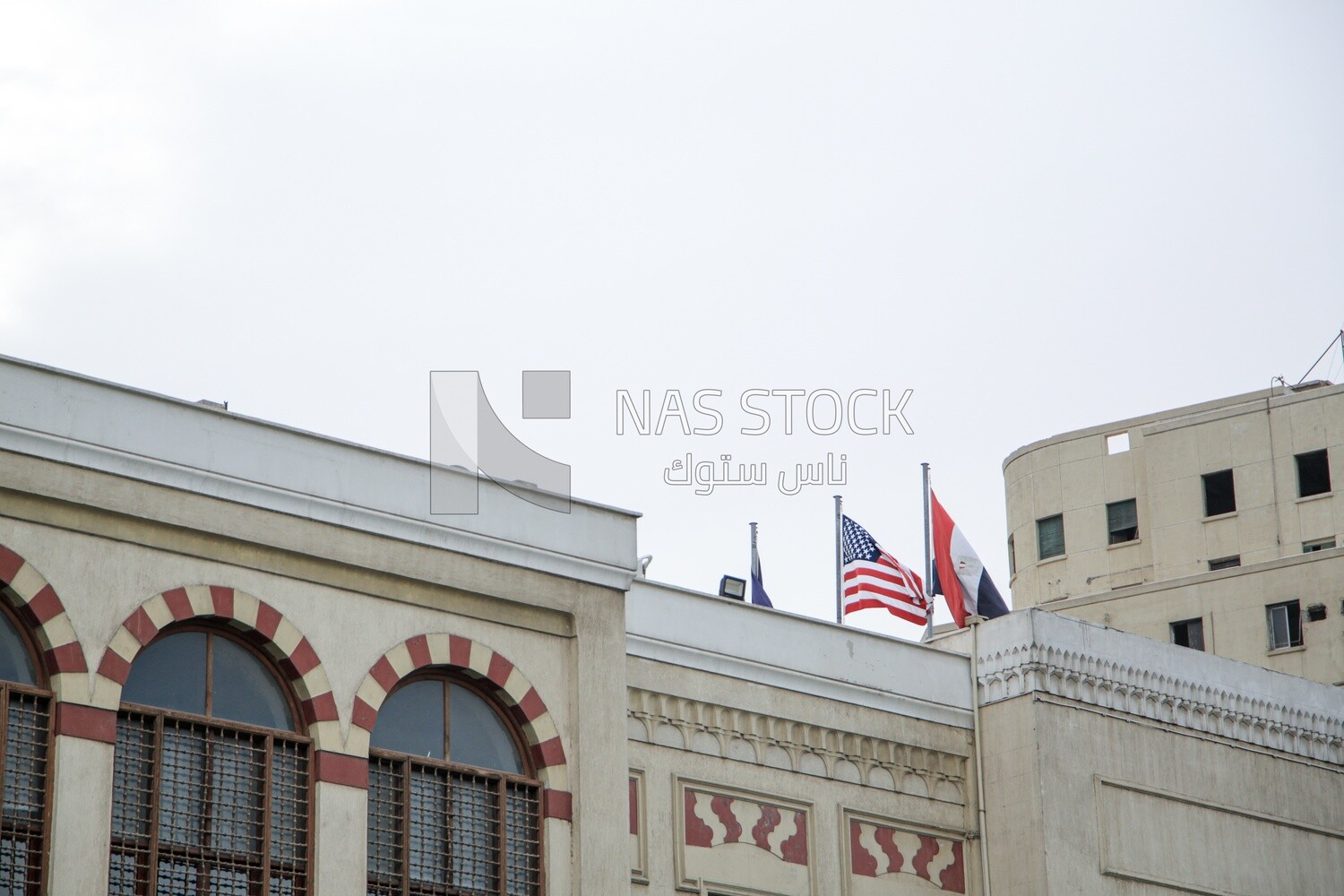 Flags above the building