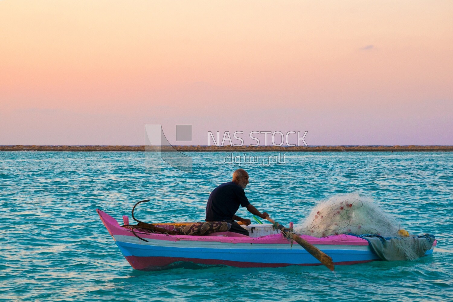 Man sitting on a boat, fishing, work, summer