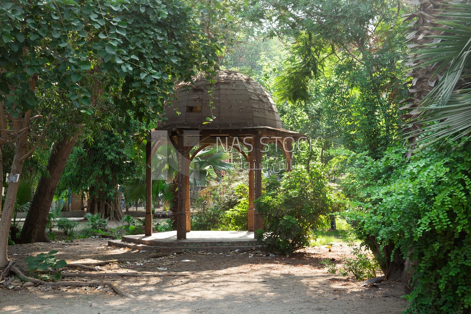 Circular wooden kiosk in Orman Garden, surrounded by trees