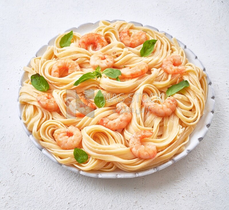 Plate of spaghetti with shrimp