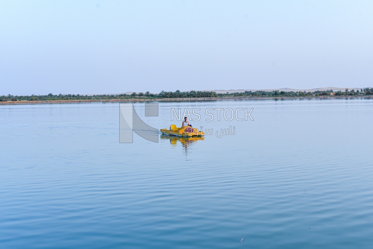 A man rides a pedalo boat in a lake in Siwa Oasis