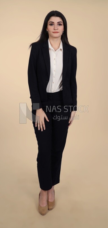 Photo of a businesswoman standing, meeting at the workplace, discussing work tasks, taking notes on the board