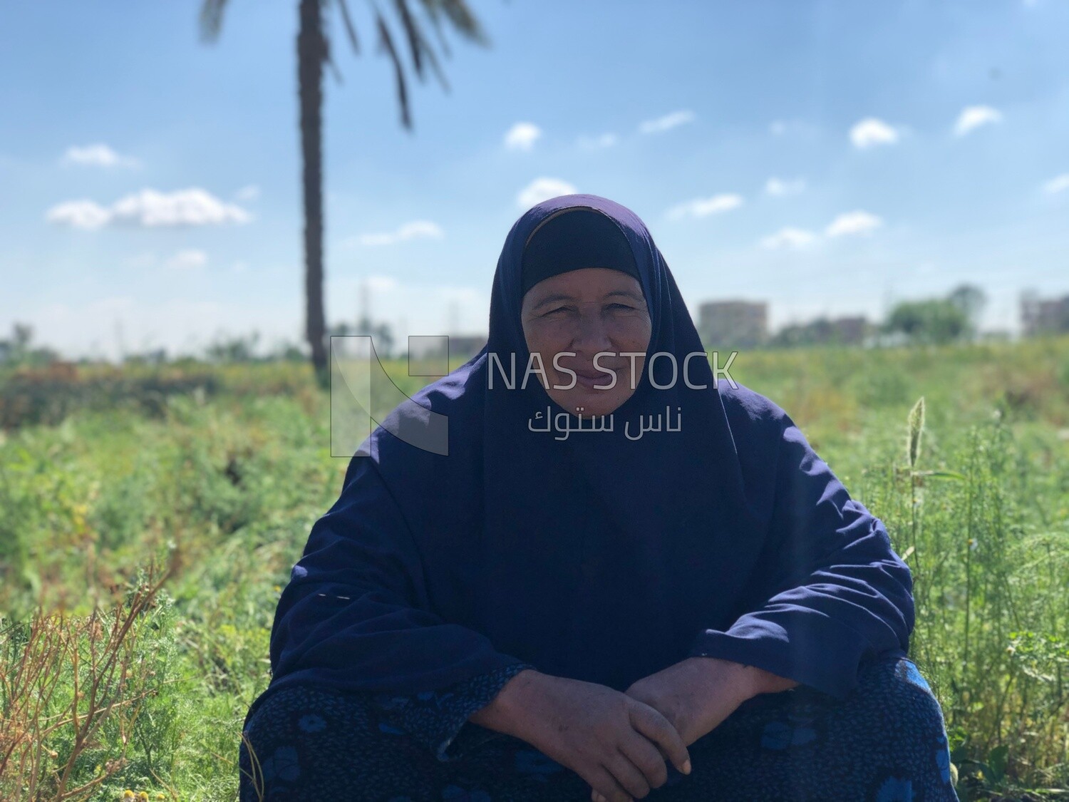 An Egyptian woman sits in the field among the plants