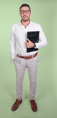 Photo of a handsome man with glasses and holding a paper clipboard, business development and partnerships, business meeting, Model