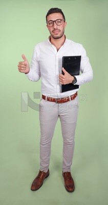 Photo of a handsome man with glasses holding a clipboard and thumb up hands, business development and partnerships, business meeting, Model