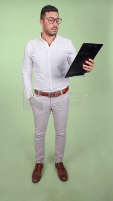 Photo of a handsome man with glasses and reading from a paper clipboard, business development and partnerships, business meeting, Model