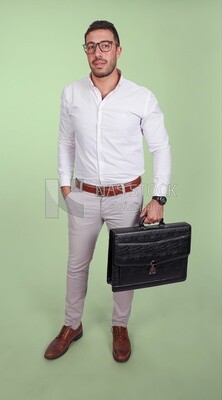 Photo of a handsome man wearing glasses and holding a leather bag, business and partnership development, business meeting, model