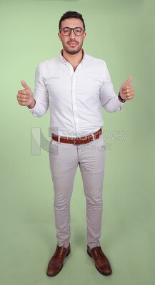 Photo of a handsome man with glasses standing with thumb up hands, business development and partnerships, business meeting, Model