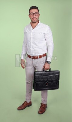 Photo of a handsome man wearing glasses and holding a leather bag, business and partnership development, business meeting, model