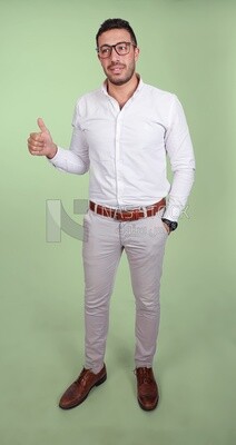 Photo of a handsome man with glasses standing with thumb up hands, business development and partnerships, business meeting, Model
