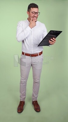 Photo of a handsome man with glasses and reading from a paper clipboard, business development and partnerships, business meeting, Model