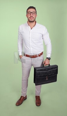 Photo of a handsome man wearing glasses and holding a leather bag, business and partnership development, business meeting, model