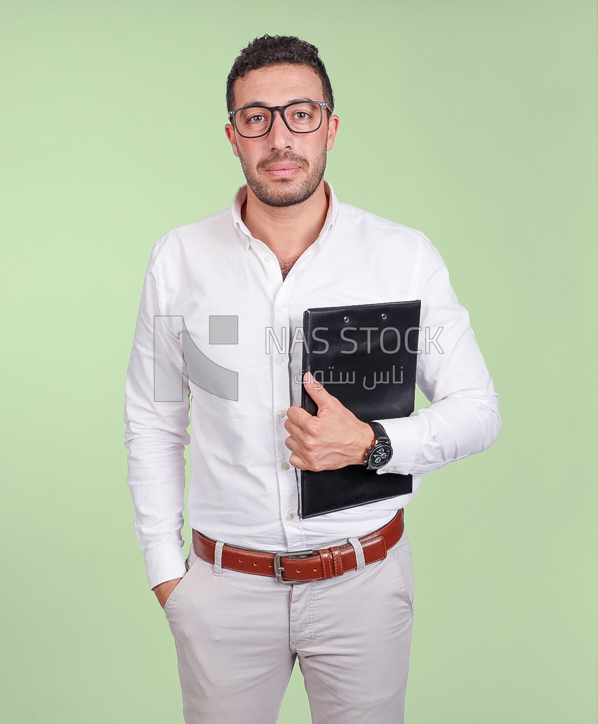 Photo of a handsome man with glasses and holding a paper clipboard, business development and partnerships, business meeting, Model