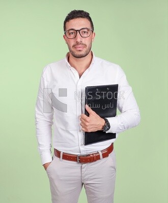 Photo of a handsome man with glasses and holding a paper clipboard, business development and partnerships, business meeting, Model
