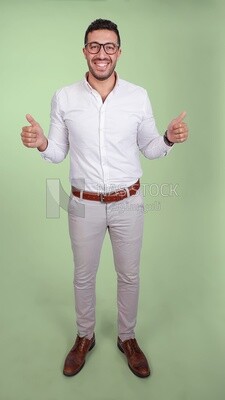 Photo of a handsome man with glasses standing with thumb up hands, business development and partnerships, business meeting, Model