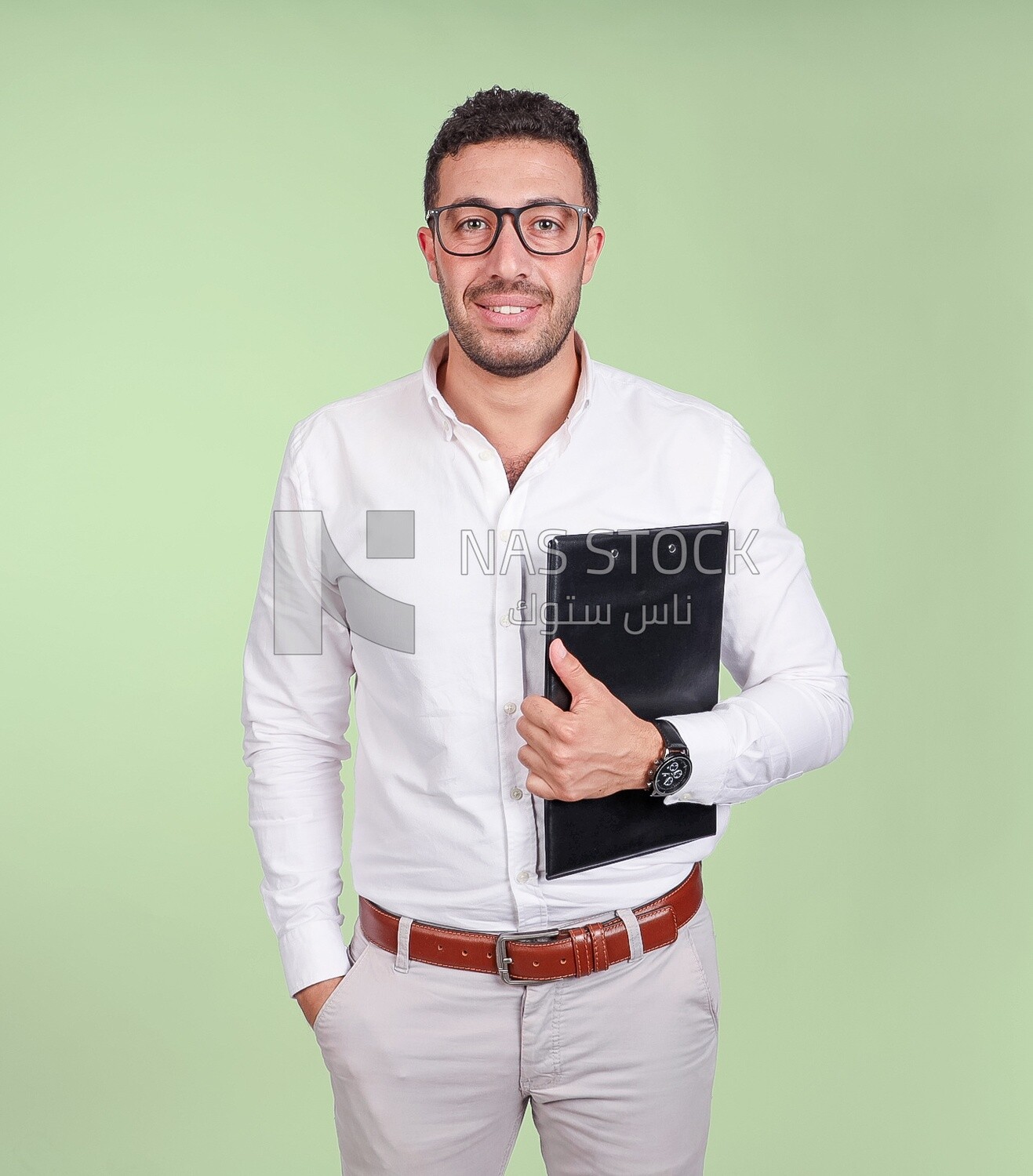 Photo of a handsome man with glasses and holding a paper clipboard, business development and partnerships, business meeting, Model