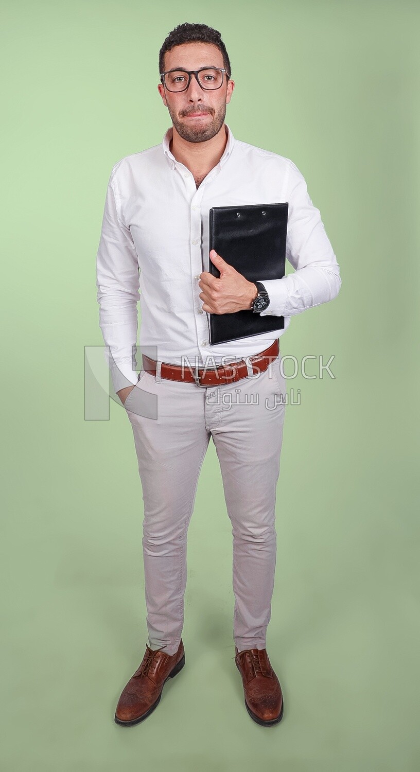 Photo of a handsome man with glasses and holding a paper clipboard, business development and partnerships, business meeting, Model