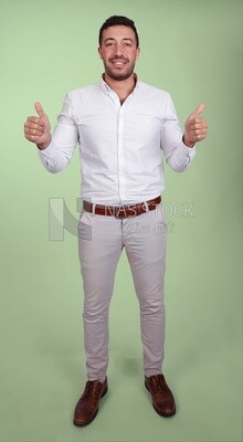 Photo of a handsome man with glasses standing with thumb up hands, business development and partnerships, business meeting, Model