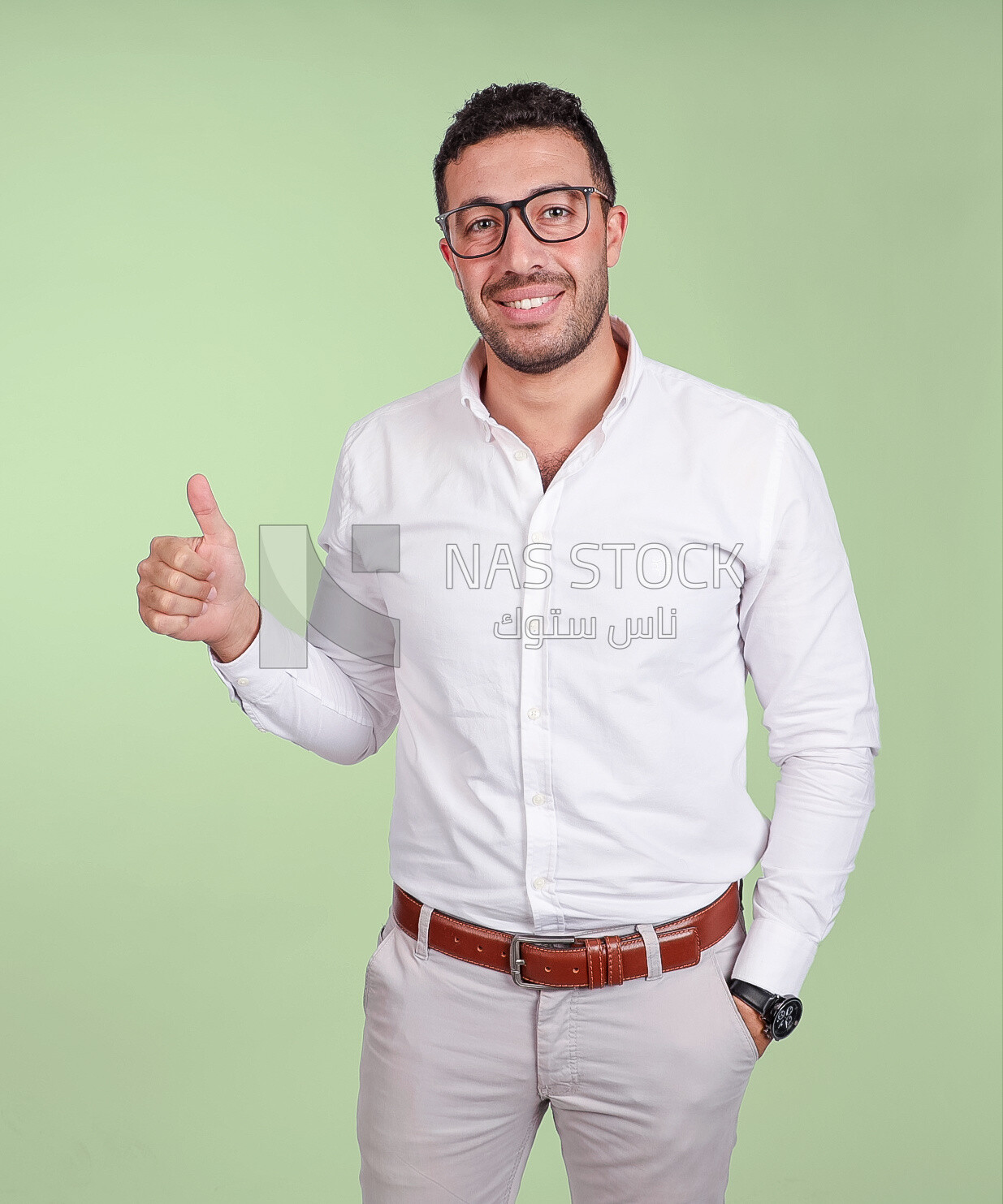Photo of a handsome man with glasses standing with thumb up hands, business development and partnerships, business meeting, Model
