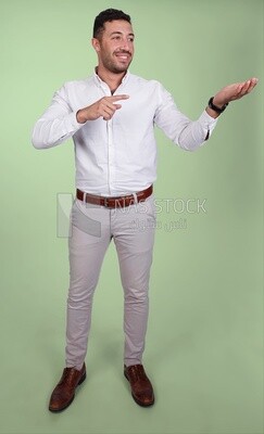 Portrait of a man wearing formal wear pointing away, business development and partnerships, business meeting, Model