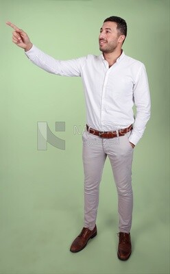 Portrait of a man wearing formal wear pointing away, business development and partnerships, business meeting, Model