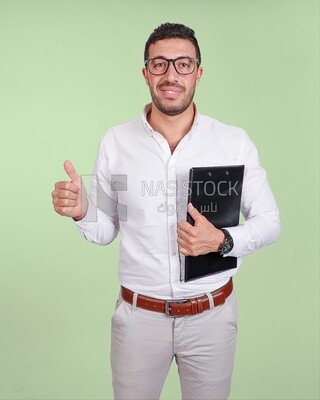 Photo of a handsome man with glasses and holding a paper clipboard, business development and partnerships, business meeting, Model