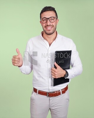 Photo of a handsome man with glasses and holding a paper clipboard, business development and partnerships, business meeting, Model