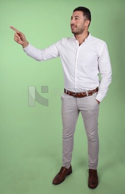 Portrait of a man wearing formal wear pointing away, business development and partnerships, business meeting, Model
