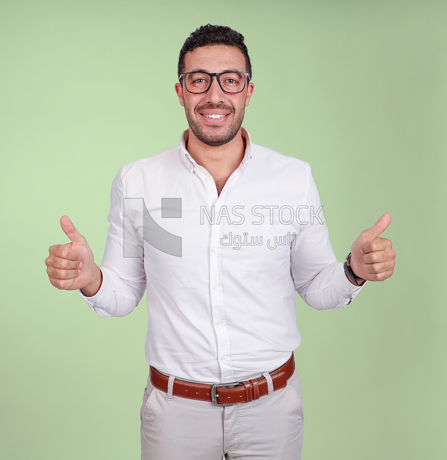 Photo of a handsome man with glasses standing with thumb up hands, business development and partnerships, business meeting, Model