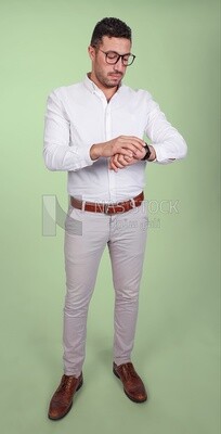Photo of a handsome man wearing glasses looking at the watch, business and partnership development, business meeting, model